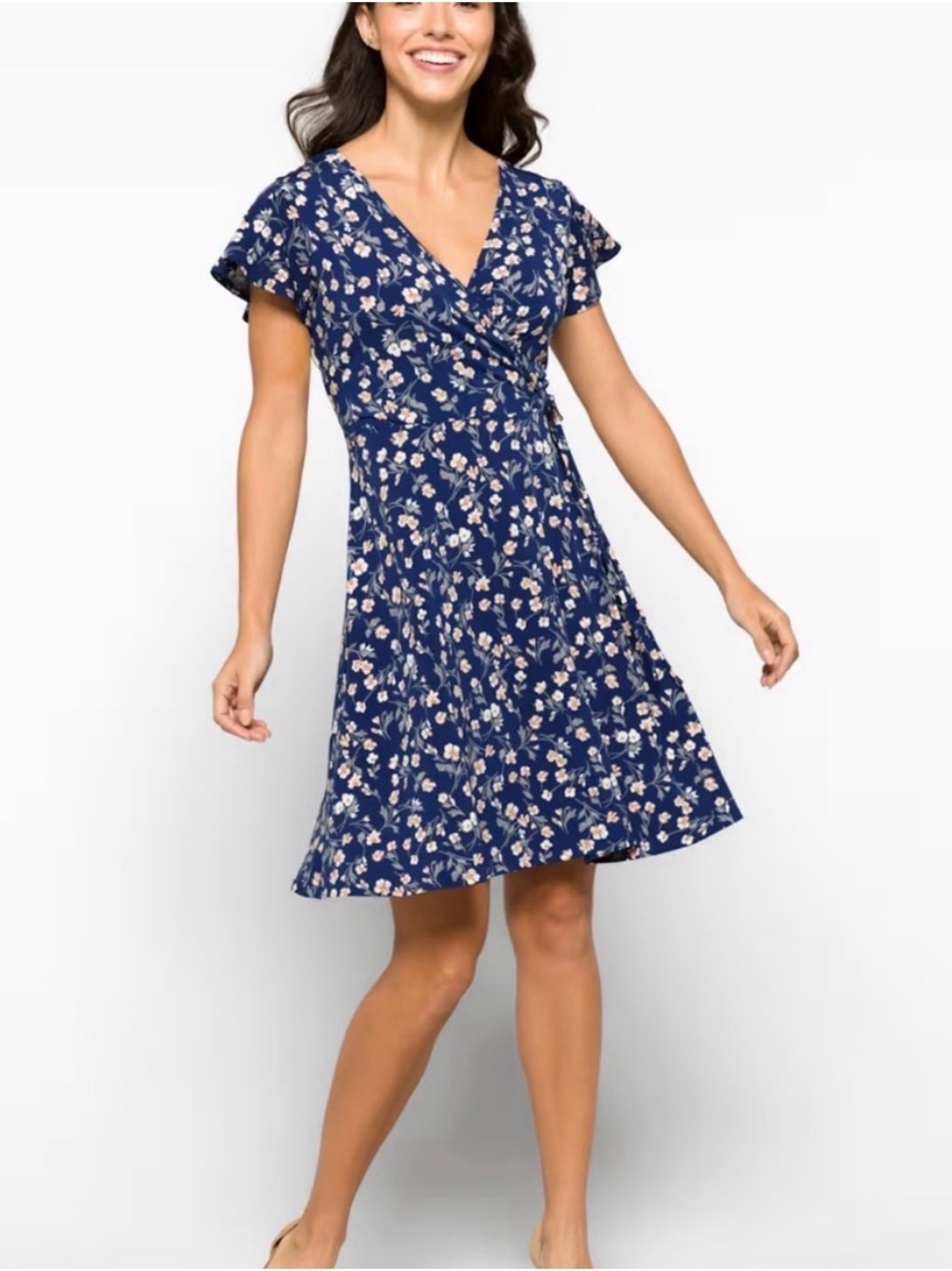 Kaileigh Kaela Faux Wrap Short Sleeve Knit Dress in Navy Floral Print XSP